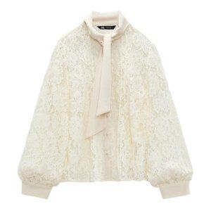 NWT Zara Women Lace Blouse with Tie Ecru White - Size Small